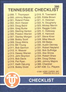 1991 Hoby Stars of the SEC #386 Tennessee Checklist Back