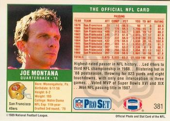 1989-90 Pro Set Super Bowl XXIV Binder #381 Joe Montana Back