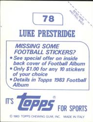 1983 Topps Stickers #78 Luke Prestridge Back