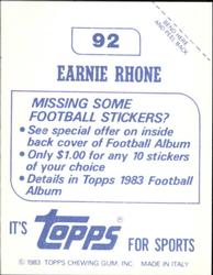 1983 Topps Stickers #92 Earnie Rhone Back