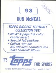 1983 Topps Stickers #93 Don McNeal Back