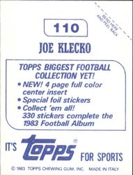 1983 Topps Stickers #110 Joe Klecko Back