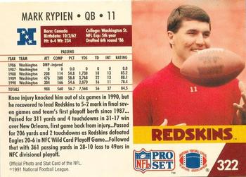 1991-92 Pro Set Super Bowl XXVI Binder #322 Mark Rypien Back