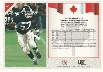 1992 All World CFL #11 Jeff Braswell Back