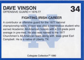 1990 Collegiate Collection Notre Dame #34 Dave Vinson Back