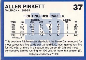 1990 Collegiate Collection Notre Dame #37 Allen Pinkett Back