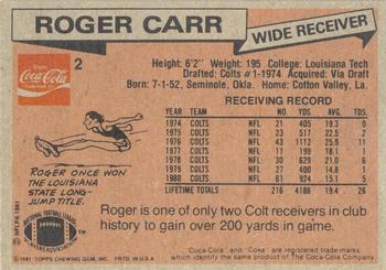 1981 Topps Coca-Cola Baltimore Colts #2 Roger Carr Back