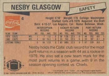 1981 Topps Coca-Cola Baltimore Colts #4 Nesby Glasgow Back