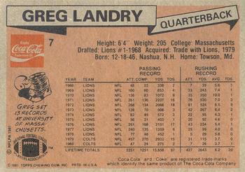1981 Topps Coca-Cola Baltimore Colts #7 Greg Landry Back