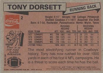1981 Topps Coca-Cola Dallas Cowboys #2 Tony Dorsett Back