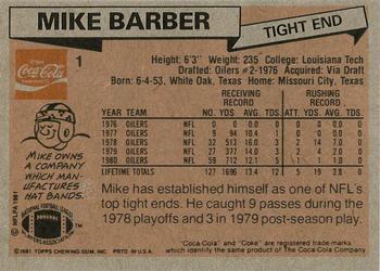 1981 Topps Coca-Cola Houston Oilers #1 Mike Barber Back