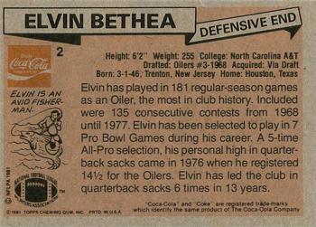 1981 Topps Coca-Cola Houston Oilers #2 Elvin Bethea Back