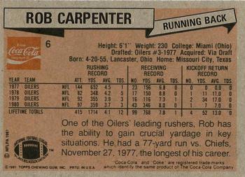 1981 Topps Coca-Cola Houston Oilers #6 Rob Carpenter Back