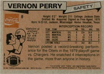 1981 Topps Coca-Cola Houston Oilers #8 Vernon Perry Back