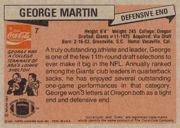 1981 Topps Coca-Cola New York Giants #7 George Martin Back
