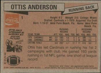 1981 Topps Coca-Cola St. Louis Cardinals #1 Ottis Anderson Back