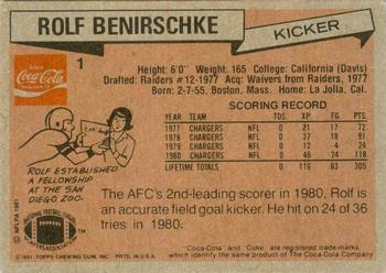 1981 Topps Coca-Cola San Diego Chargers #1 Rolf Benirschke Back