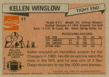 1981 Topps Coca-Cola San Diego Chargers #11 Kellen Winslow Back