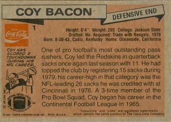 1981 Topps Coca-Cola Washington Redskins #1 Coy Bacon Back
