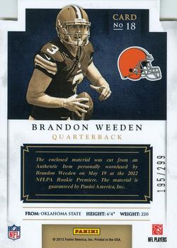 2012 Panini Prominence - Rookie Projection Materials #18 Brandon Weeden Back