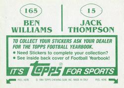 1984 Topps Stickers #15 / 165 Jack Thompson / Ben Williams Back