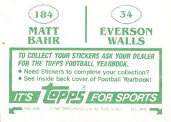 1984 Topps Stickers #34 / 184 Everson Walls /  Matt Bahr Back