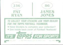 1984 Topps Stickers #86 / 236 James Jones / Pat Ryan Back