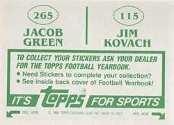 1984 Topps Stickers #115 / 265 Jim Kovach / Jacob Green Back