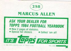 1984 Topps Stickers #258 Marcus Allen Back