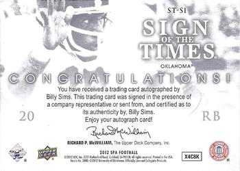 2012 SP Authentic - Sign of the Times #ST-SI Billy Sims Back