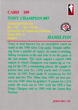 1992 JOGO #189 Tony Champion Back