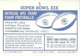 1985 Topps Stickers #1 Super Bowl XIX Back