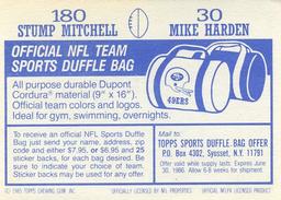 1985 Topps Stickers #30 / 180 Mike Harden / Stump Mitchell Back