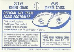 1985 Topps Stickers #66 / 216 Johnie Cooks / Roger Craig Back