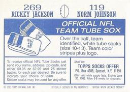 1985 Topps Stickers #119 / 269 Norm Johnson / Rickey Jackson Back