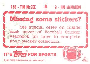 1987 Topps Stickers #9 / 158 Jim McMahon / Tim McGee Back