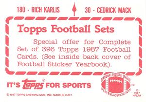 1987 Topps Stickers #30 / 180 Cedric Mack / Rich Karlis Back