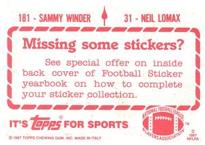 1987 Topps Stickers #31 / 181 Neil Lomax / Sammy Winder Back