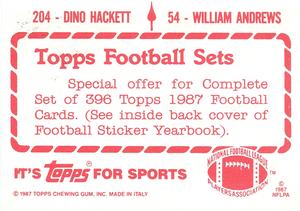 1987 Topps Stickers #54 / 204 William Andrews / Dino Hackett Back