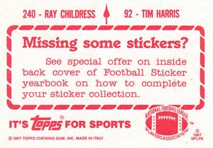 1987 Topps Stickers #92 / 240 Tim Harris / Ray Childress Back