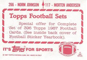 1987 Topps Stickers #117 / 266 Morten Andersen / Norm Johnson Back