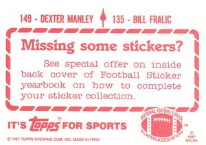 1987 Topps Stickers #135 / 149 Bill Fralic / Dexter Manley Back