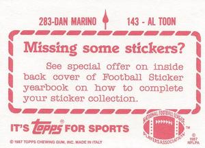 1987 Topps Stickers #143 / 283 Al Toon / Dan Marino Back
