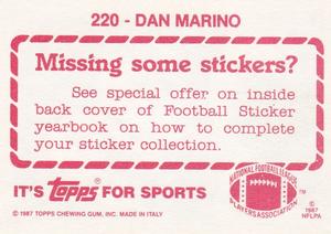 1987 Topps Stickers #220 Dan Marino Back