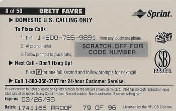 1996 Pro Line II Intense - Phone Cards $3 Proofs #8 Brett Favre Back