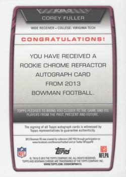 2013 Bowman - Chrome Rookie Autographs Orange Refractors #RCRA-CF Corey Fuller Back