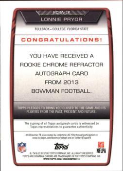 2013 Bowman - Chrome Rookie Autographs Orange Refractors #RCRA-LP Lonnie Pryor Back
