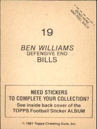 1981 Topps Stickers #19 Ben Williams Back