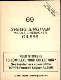 1981 Topps Stickers #69 Gregg Bingham Back