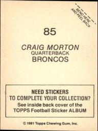 1981 Topps Stickers #85 Craig Morton Back